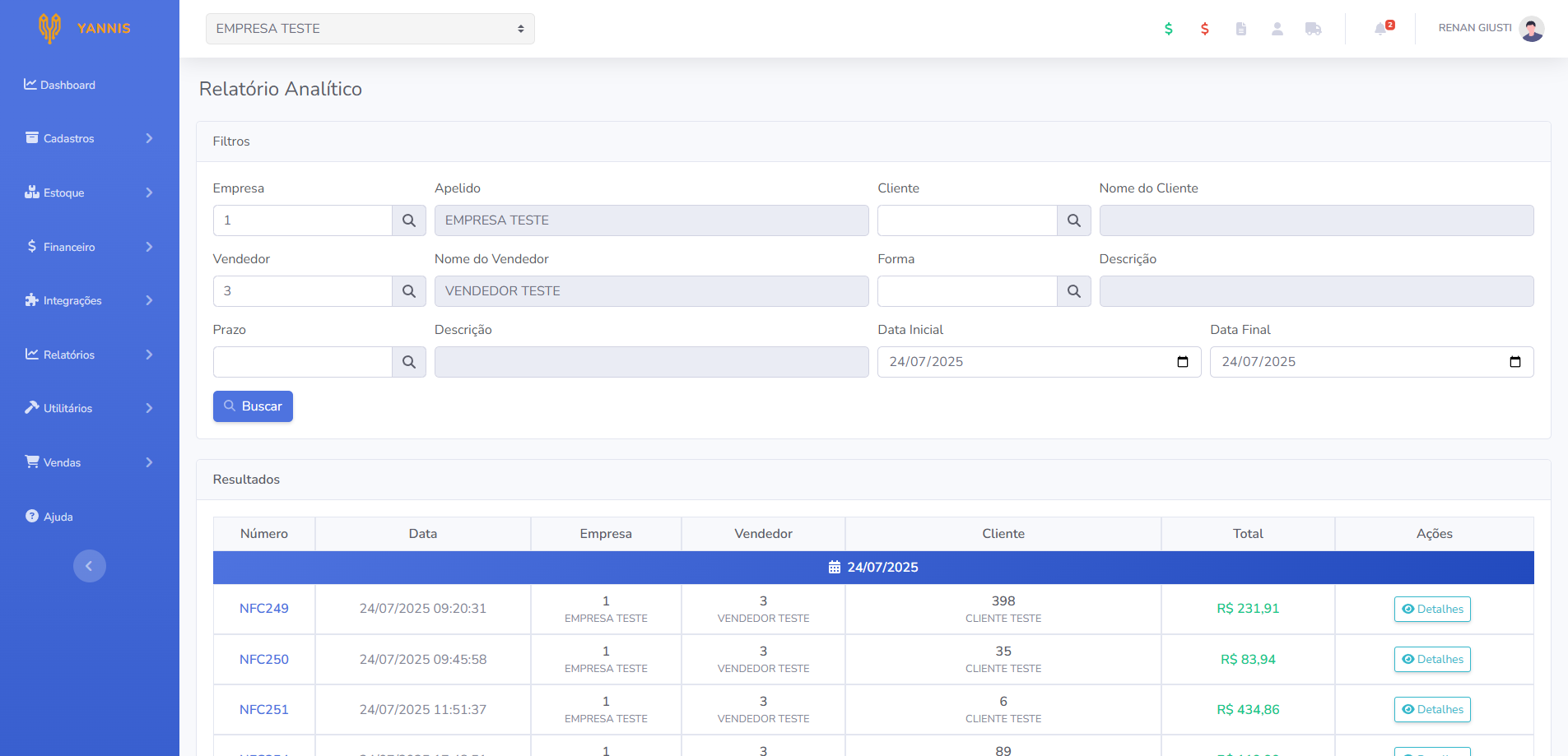 Relatório analítico do Yannis ERP