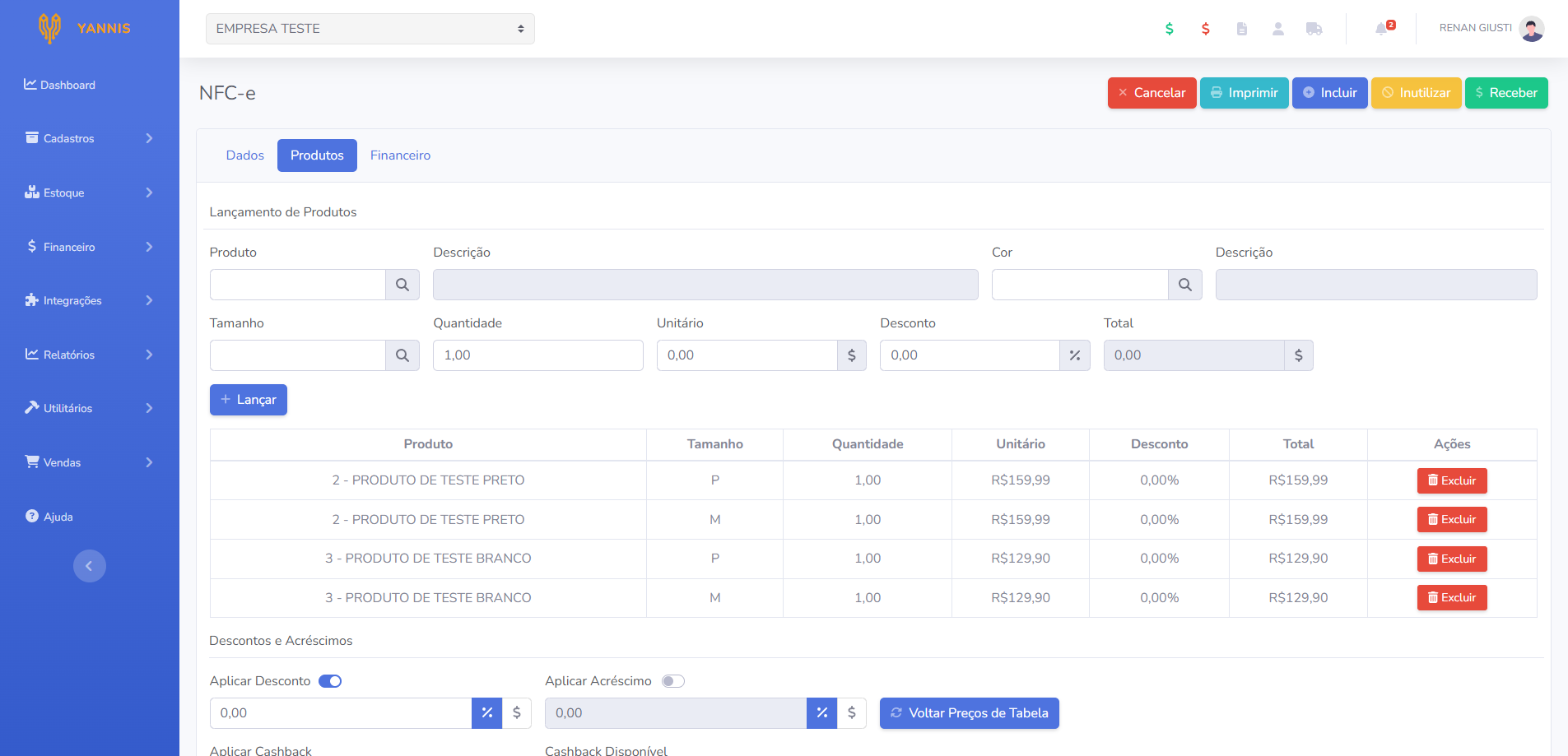 Tela de emissão de NFCe do Yannis ERP